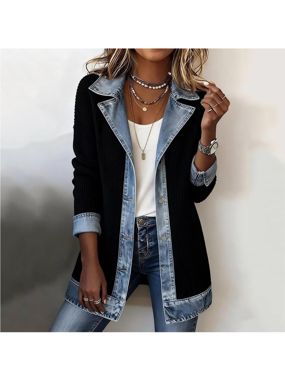 Corduroy jacket with denim trim. size Large. NWT . Black. - Picture 3 of 4